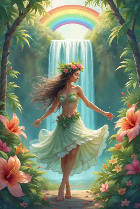  A tropical garden scene surrounded by colorful Hawaiian flowers (hibiscus, plumeria, etc.) with a waterfall and rainbow in the background. The richness of nature and the graceful movements of the hula dancers are highlighted.