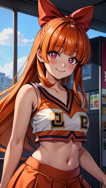 (8k),(masterpiece),(Japanese),(1girl),((Blossom)),((U.A. CheerUniform)),From the front, upper body, Cowboy shot, close up, smile,cute,Innocent,Kind eyes, Flat chest, (orange hair, long hair, blunt bangs, pink eyes:1.2), (hair bow, red bow), corner store, v...