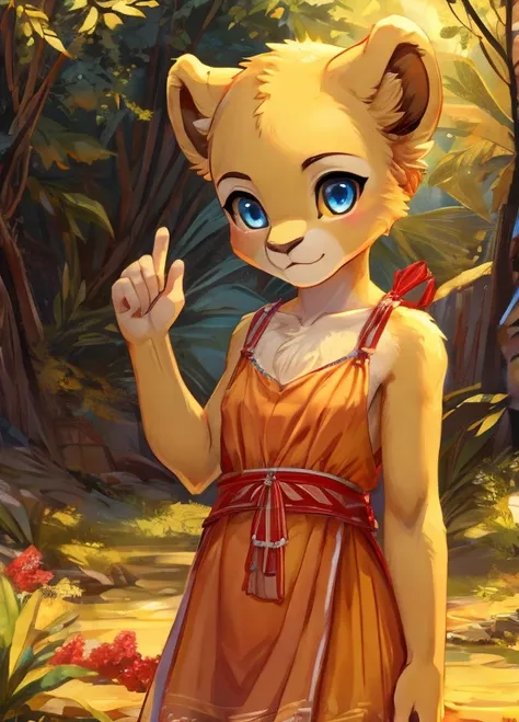 lion girl,lana as a child,  yellow fur blue eyes,orange summer dress, alone