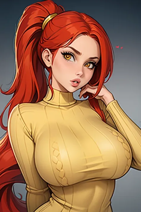 masterpiece, best quality, 1 , alone, red hair, ponytails, very long hair, yellow eyes, high throat, ribbed sweater, sweater dre...