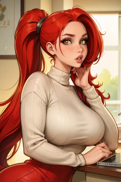 masterpiece, best quality, 1 , alone, red hair, ponytails, very long hair, yellow eyes, high throat, ribbed sweater, sweater dre...