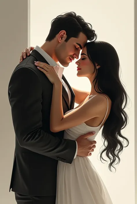 couple hugging, tall man white skin color with black hair, brown eyes broad shoulders, tall athletic Latin American man wearing formal clothes. Brazilian woman with white skin color,wearing white dress long black hair, white skin color delicate features 
