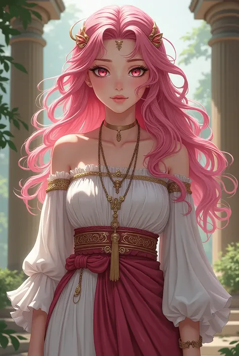 anime girl, full body. The teenage daughter of Demeter (Greek goddess), pink hair, knee length, wavy, eyes capable of controlling all existing life. Dressed in traditional clothing of the Greek Gods. 