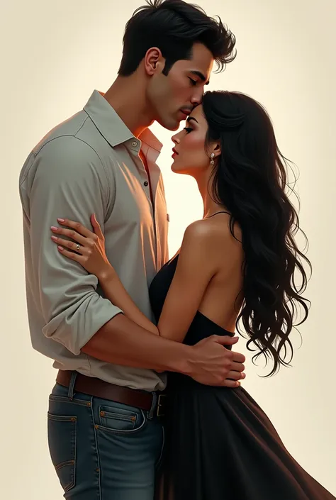 Couple man kissing woman&#39;s forehead characteristics tall man white skin color with black hair, brown eyes broad shoulders, tall athletic Latin American man wearing button down shirt and jeans. Brazilian woman with white skin color,wearing black dress l...