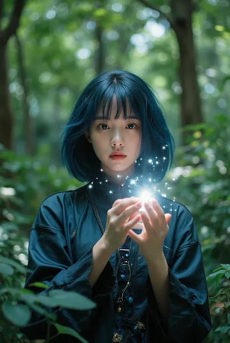 a 20-year-old female mage, with a deep blue bob and bangs, elegantly stands in the mysterious forest. her soft body elegantly ma...