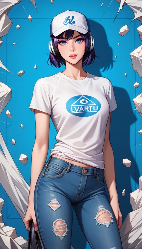 Cosmetics advertising poster art, Cool Beauty, A shiny, silky bob cut in pale ivory., Makeup, Lewd and obscene expressions, Captivating eyes, Perfect proportions, Wearing a white short-sleeved T-shirt, slim ripped jeans, Baseball cap, Headphones, accessori...