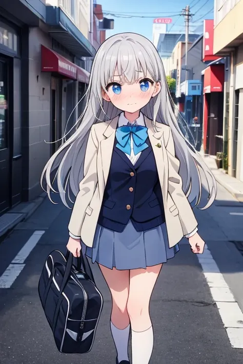 High school girl、Cute Girls、Sharp Eyes、Silver Hair、Long Hair、blue eyes、Tsundere、Embarrassed、uniform、mini skirt、White dress shirt、Grey blazer、Black bow tie、White knee-high socks、Black Loafers、