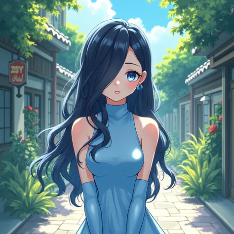 Anime portrait of a soft smile woman wearing a blue sleeveless ta dress with a high neckline and blue shoulder length gloves, extremely long wavy black hair that sweeps over her left blue eye, shiny pale pink lipstick, shimmering skin, standing in a town s...