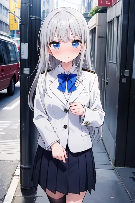 High school girl、Cute Girls、Sharp Eyes、Silver Hair、Long Hair、blue eyes、Tsundere、Embarrassed、uniform、Black Skirt、White dress shirt、Grey blazer、Black bow tie、White knee-high socks、Black Loafers、