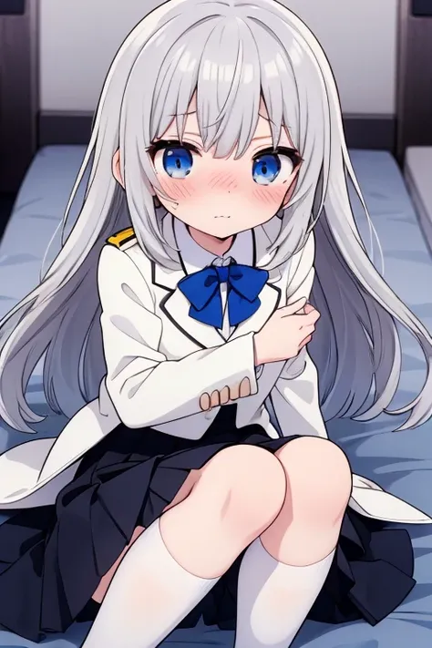 High school girl、Cute Girls、Sharp Eyes、Silver Hair、Long Hair、blue eyes、Tsundere、Embarrassed、uniform、Black Skirt、White dress shirt、Grey blazer、Black bow tie、White knee-high socks、Black Loafers、