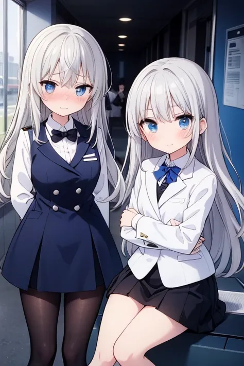 High school girl、Cute Girls、Sharp Eyes、Silver Hair、Long Hair、blue eyes、Tsundere、Embarrassed、uniform、Black Skirt、White dress shirt、Grey blazer、Black bow tie、White knee-high socks、Black Loafers、