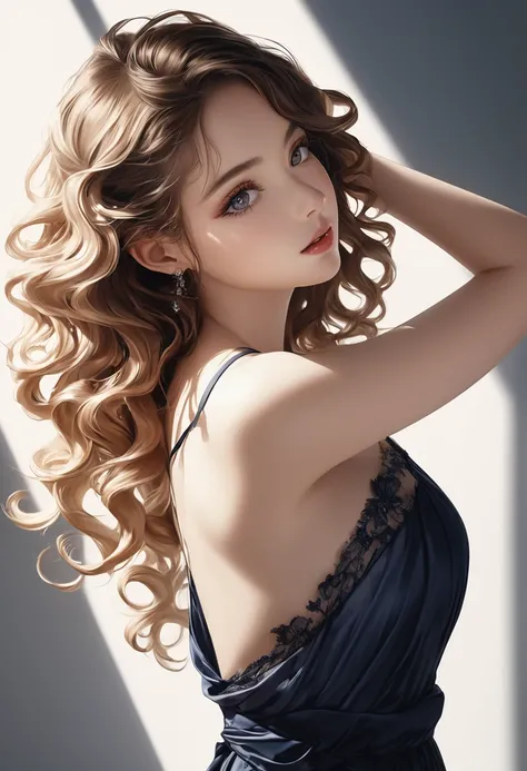 cute beauty, (light glossy silky messy wavy hair, hands are behind her head, grabbing her hair in a half-up style), make up, elegance, dignity, seductive and attractive expression, captivating eyes, curvaceous, wearing loose camisole, various effects, deli...