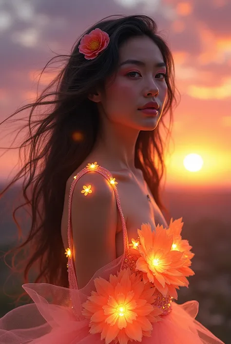 , lady with glowing flowers dress, Beau coucher de soleil, artgerm et atey ghailan, belle œuvre dart numérique, peinture numérique de rossdraws, Belle femme noire peinture de personnage, art conceptuel coloré, rossdraws pastel vibrant, Style artistique fan...