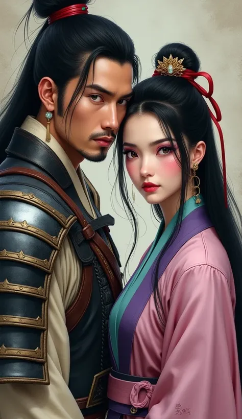 masterpiece artwork style of Luis Royo, by Frank Frazzetta. A close-up portrait of Shang and Mulan. Shang is a tall, muscular Chinese man with tanned skin, dark brown eyes, and shoulder-length black hair tied in a bun adorned with a red clip.
His primary a...