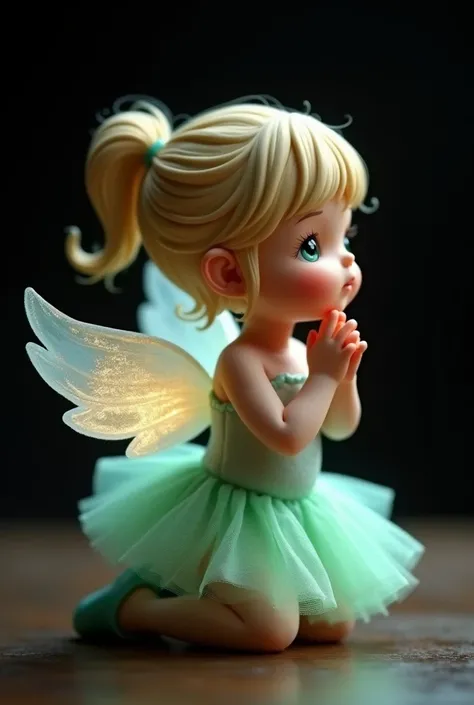 Realistic Whimsical Figure  of a precious moments Angel girl with iridsescent wings,ponytail hair dressed in a Kelly green tutu, and matching ballet slippers. She is kneeling and praying,Black background