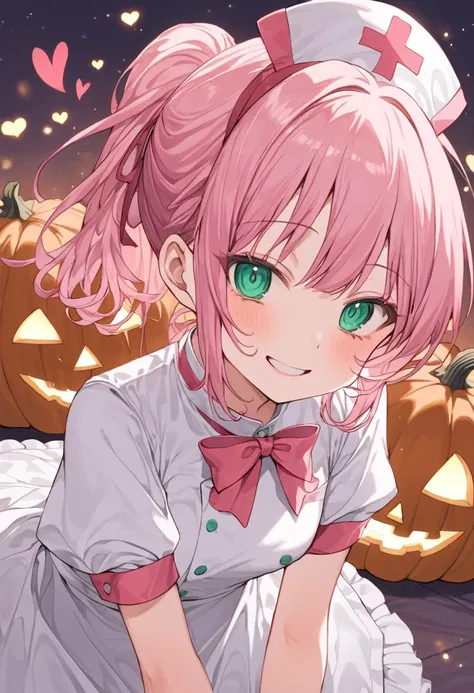 ((masterpiece、Best Quality))Hove、woman、Small breasts、Young、Petite、cute、young、Pink Hair、Green Eyes、Idol、Pink ribbon、ponytail、Nurse uniform、smile、Red cheeks、Teary-eyed、Exhale white breath、A lot of hearts are falling、pumpkin、Halloween