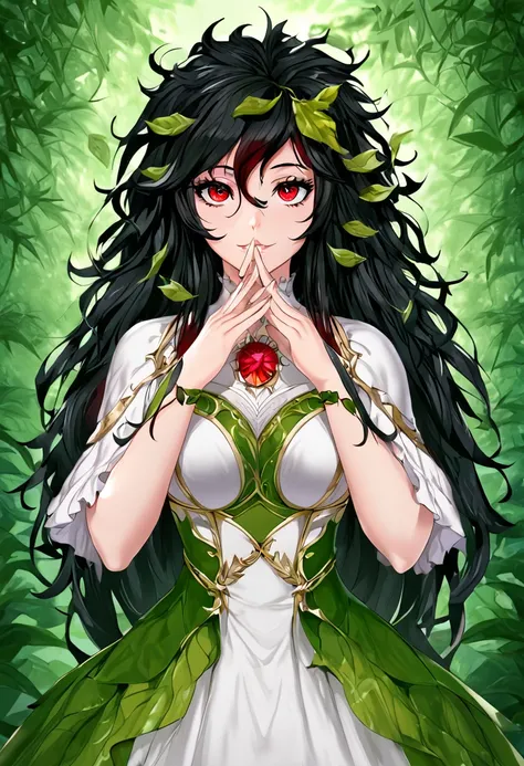 (masterpiece), best quality, expressive eyes, perfect face, 1girl, dryad, adult, ((Leaf Hair, Black Hair, Messy Hair, Gradient Hair) Red Eyes), Dress, Full Body, Drestoria Style