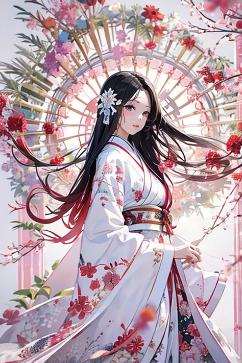 (((White background、White World)))、14 years、Unity 8K Wallpapers、Super detailed、beautiful, beautiful、masterpiece、Please redeem、(Tangleた、Mandala、Tangle、Tangle)、(Fractal Art:1.3)、One Girl、beautiful black hair、Japanese、Big Pink、Red Kimono、Japanese clothing、Ver...