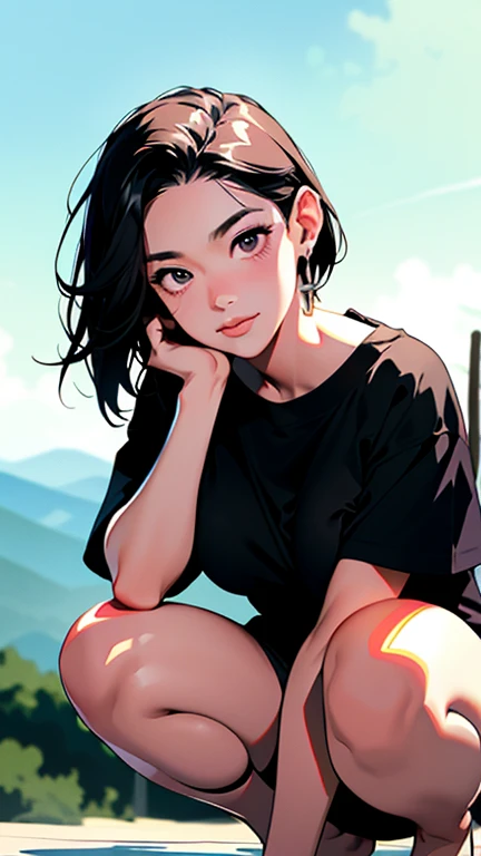 (Best quality, 8k, 32k, Masterpiece, UHD:1.2),Photo of Pretty Japanese woman,black short hair,beauty face,(leaning forward:1.3),squatting,(from above:1.2),(close up:1.4),pov,,looking at another,smile, loose t-shirt,large breasts,beautiful nipple slip,outdo...