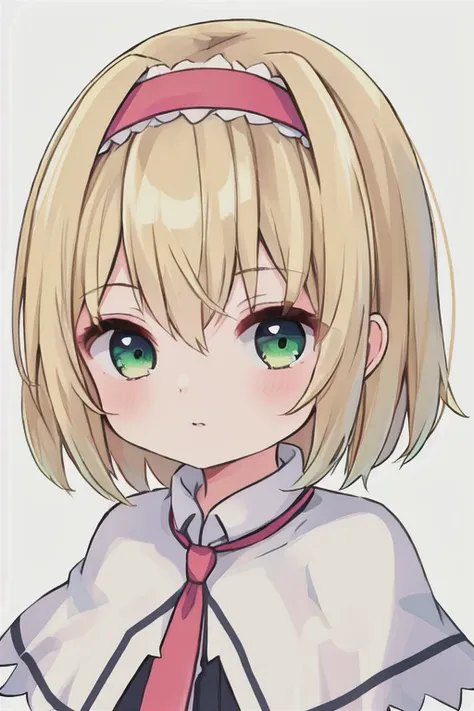 best quality, masterpiece, high resolution, alone, {alice_marginroid_east:1.15}, blonde_hair, short_hair, hairband, green_eye, c...