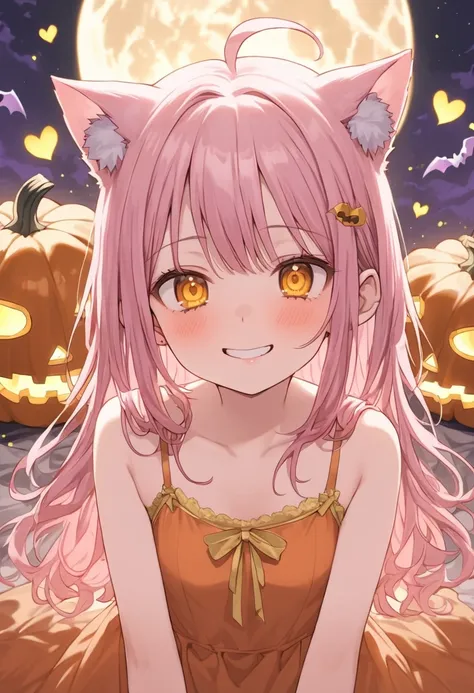 ((masterpiece、Best Quality))Hove、woman、Small breasts、Young、Petite、cute、young、Idol、Light pink hair、Long Hairstyles、Bright yellow eyes、Yellow ribbon、smile、Red cheeks、Teary-eyed、Exhale white breath、Orange inner camisole、A lot of hearts are falling、pumpkin、Hal...