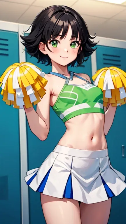 (8k),(masterpiece),(Japanese),(1girl),((Buttercup)),((cheerleader)),From the front, upper body, Cowboy shot, close up, smile,cute,Innocent,Kind eyes, Flat chest, (black hair, green eyes, short hair, messy hair), locker room, indoor, vivid colors, crop top,...