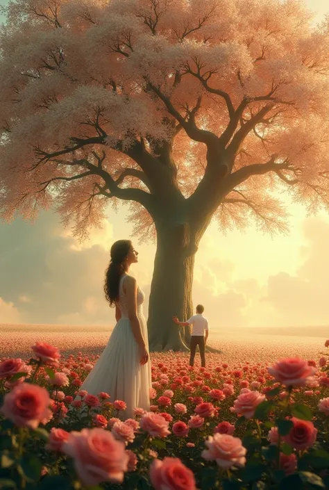 A huge tree with sparkling flowers , in the background a very strong light and near the tree a woman looking up, and a man behind her trying to get closer and stretching out his arm, the place is in a field of white and red roses