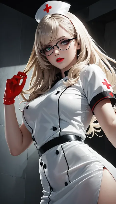 from below, cool beauty, condescending, evil wicked smile, glasses, make up, elegance, dignity, seductive and attractive expression, light glossy silky hair, captivating eyes, curvaceous, wearing nurse uniform, rubber gloves up to the elbows, various effec...