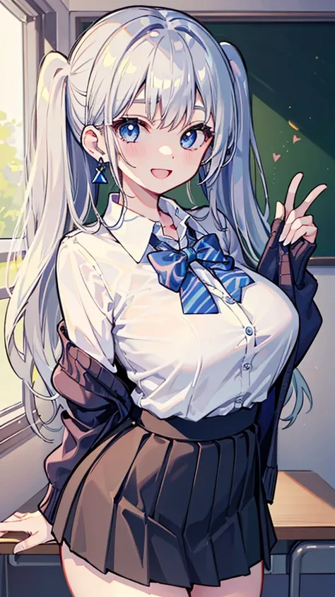 (masterpiece、Please redeem、Very detailed))、One Girl、Improve、Silver Hair、Long twin tails、Bright Blue Eyes、Wicked Smile、((Open your mouth))、((Lots of earrings))、((Large Breasts))、((White collar shirt))、Blue knitted cardigan、Bow tie、((Black pleated skirt))、((...