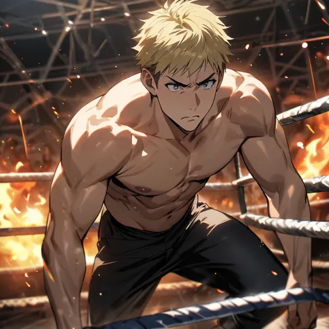 Masterpiece, 1 adult male aged 30 years, hairless, rubio, executive contour cut, blonde hair, strong, muscular, black pants, bare chest, angry and worried, looking around, In the background a destroyed wrestling ring, fire particles, High quality