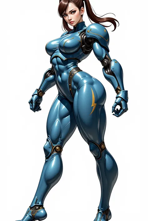 an anime illustration, a intricate armature inspired in the style of chun li of street fighter, blue armature, steel armature, w...