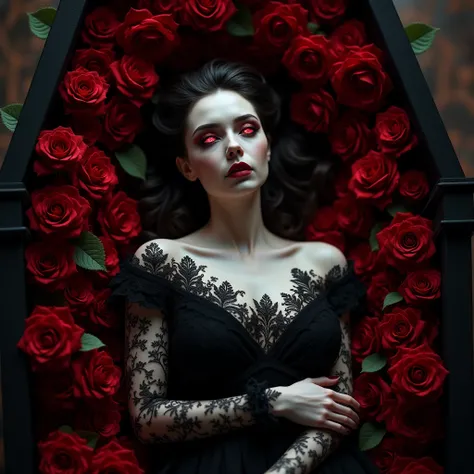 Beautiful Vampire Empress Lying Down in a coffin that filled with flowers, Buried in red roses, Beautiful Detailed Reflective Eyes, (from DirectlyAbove).