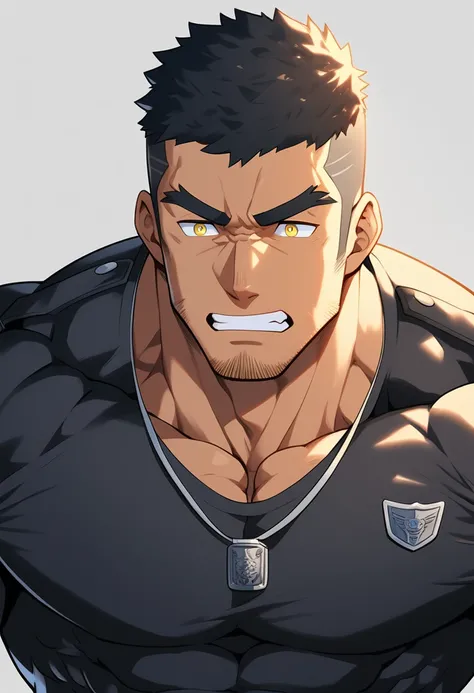 anime characters：Gyee, Young Muscle Sports Sexy Police, negro black skin, Manliness, male focus, Dark Black tights, Very tight, muscular male, Huge and round chest muscles, Perfect muscle waist, only, Upper body, alone, Black short hair, Thick eyebrows, st...