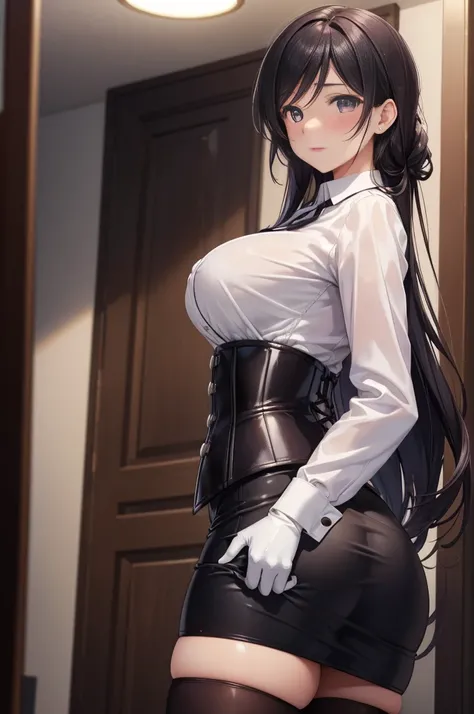 Nozomi Tojo, nozomi always, long curly black hair, masterpiece, The best quality, high resolution, Beautiful detailed eyes, extremely detailed face, good lighting, Detailed CG, 1 woman, (Vagina), standing, view from behind, perfect ass,  blush, embarrassed...