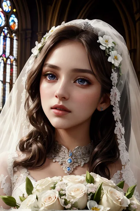 1girl, beautiful detailed eyes, beautiful detailed lips, extremely detailed face and hair, wedding dress, church, bridal veil, bouquet of flowers, masterpiece, 8k, photorealistic, cinematic lighting, intricate details, ornate, elegant, warm color palette, ...