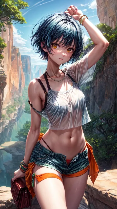 Bright shot: 1.3), Epic and realistic, Yellow Eyes, Girl Raider, (One Girl), Light grey opaque short sleeve top, Transparent fabric at waist, Wavy Hair 1.4, (Dark blue hair), short hair, Dark blue and orange color scheme, (Light green shorts), Badlands and...