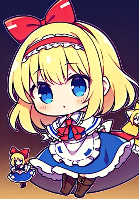 1girl, alice margatroid (touhou), blue eyes, medium hair, blonde hair, white capelet, blue dress, frilled dress, frilled ascot, red ascot, puffy short sleeves, red hairband, ta hairband, frilled hairband, grimoire of alice, doll,  


shanghai_doll_(touhou)...