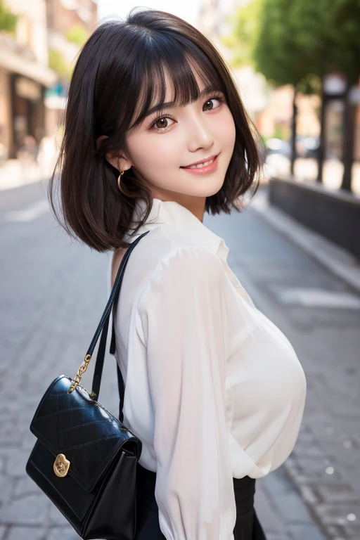 High resolution,bangs,Black Hair, Shortcuts、Short Hair、Brown eyes、Large Breasts, Cute face、Droopy eyes、Natural Makeup、167 cm、22 year old model figure、smile、Emerald Blouse、Black Skirt、Handbags、Rear view