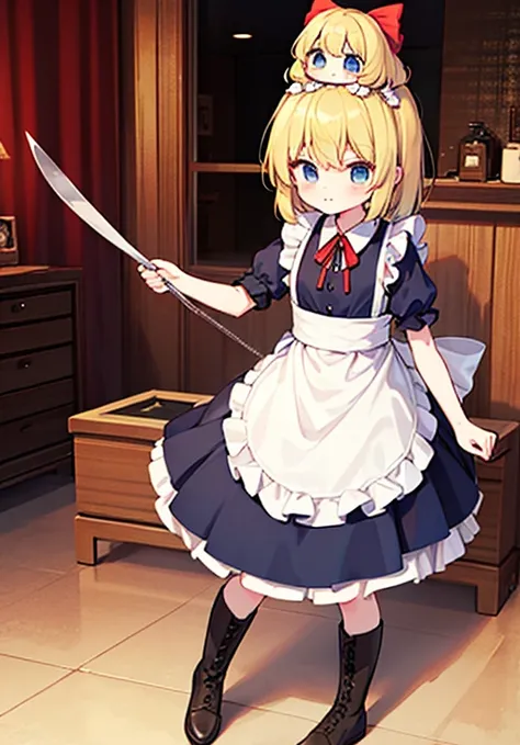 shanghai_doll_(touhou), blonde_hair, blue_eyes apron, boots, dress, hair_bow, red ribbon on head, weapon, lance, maid, doll