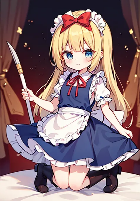 shanghai_doll_(touhou), blonde_hair, blue_eyes apron, boots, dress, hair_bow, red ribbon on head, weapon, lance, maid, doll