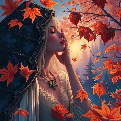 autumn, thermal iridescence, changes of leaves color, roygbiv surreal trippy leaves ornate autumn overwhelming nostalgia during nautical twilight, sense of heightened emotion, bittersweet sorrow despair epiphany, cinematic, maximal sense of depth and heigh...