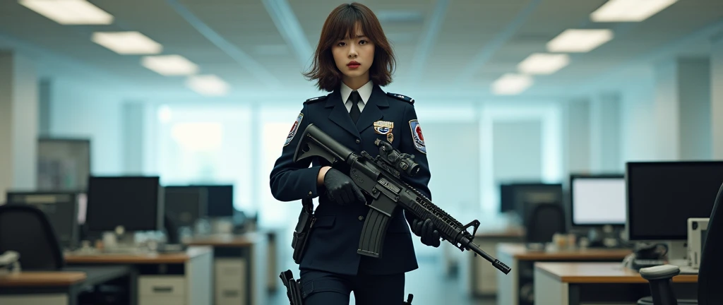 A beautiful idol-like woman walks slowly through the center of the office, firing an M4 assault rifle.。She is wearing the uniform and gear of the Japanese police.。whole body、Medium-long brown hair、Young face、