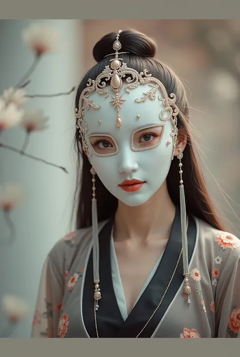 Beautiful woman wearing a Chinese hanfu mask that covers her entire face 