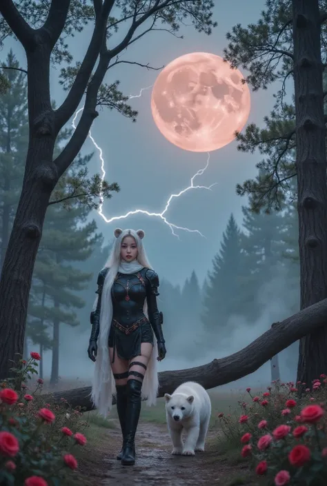 A female knight wearing a white hood,Polar bear ears on the head,Walking with a polar bear cub in a moonlit forest, Roses in bloom，Lightning falls from the sky. Only women wear red eye patches. The photo has a blood moon in the background，A tree fell on th...