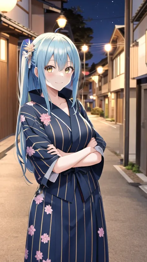 masterpiece, best quality, highres, rimuru tempest, blue hair, long hair, medium breasts, black flower yukata, black yukata, cleveage, breast out, cowboy shot, standing, looking at viewer, city road, outdoor, modern city road, blush, shy, smile, closed mou...