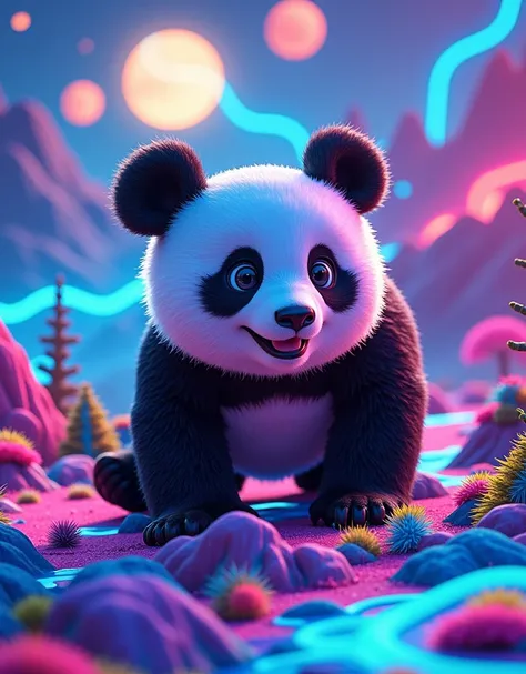 panda，On the go，Cartoon animal close-up，Immerse yourself in the three-dimensional landscape like the Thousand Miles of Rivers and Mountains，Incorporating cyberpunk-style colors，Fluorescent colors，Cinematic Lenses，Master Composition