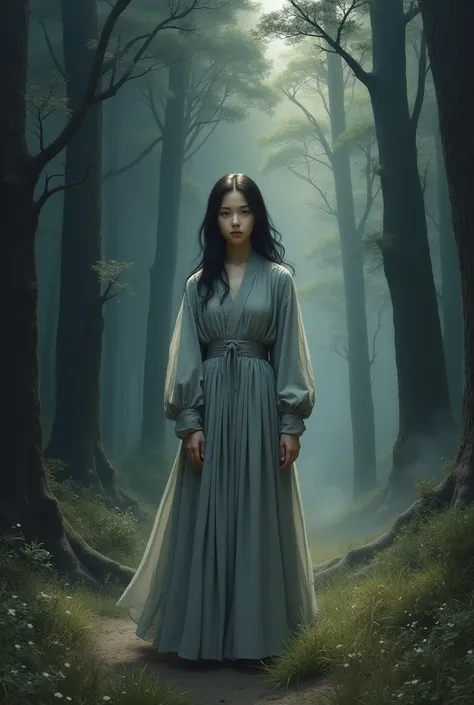 a beautiful girl in a gray robe standing in a dark forest, grand style, octane rendering, desert landscape, beautiful face, hyper-realistic, oil on canvas, award-winning, masterpiece, trending on artstation, studio ghibli style