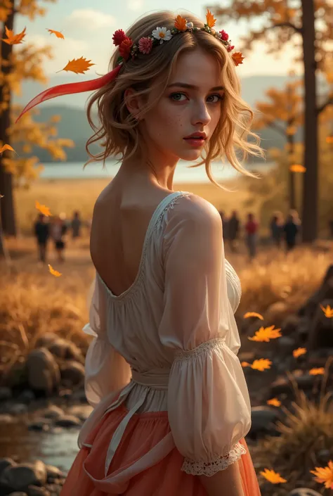 An award-winning, ultra-realistic, surreal landscape image featuring a beautiful female figure standing gracefully, dressed in a flowing maiden robe and adorned with a delicate flower crown. She embodies the serene beauty of autumn, her posture elegant and...