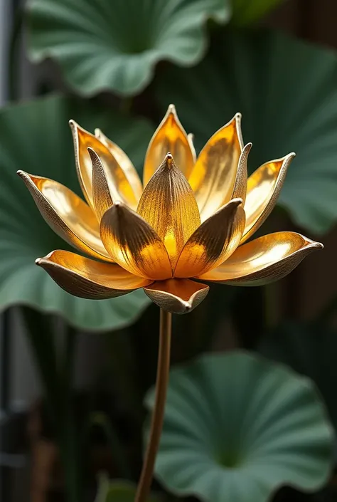 (close-up detailed metallic egyptian lotus flower, gold metallic petals, delicate steel stems, realistic, photorealistic: 1.37), industrial, botanical, craft, ornate design, macro photography, vibrant colors, soft lighting, unique composition, contrasting ...