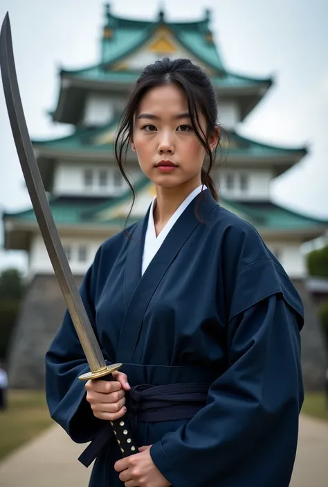 minami hamabe in her kendo uniform、japanese sword、navy blue uniform、hold the handle of the sword with one hand、minami hamabe in her kendo uniform、japanese sword、white bura、white bra、fight、hold the handle of the sword with one hand　osaka